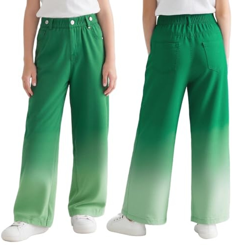 Domueay Jeans para Niñas Anchos Pantalones Baggy Vaqueros Holgados de Pierna Ancha con Cintura Elástica Largos Stretch Denim Jeans con Bolsillos Moda Casual Infantil Pants para 7-8 Años, Verde