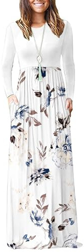 AUSELILY Women's Casual Long Sleeve Maxi Dress Loose Long Dresses with Pockets White Flowers White M