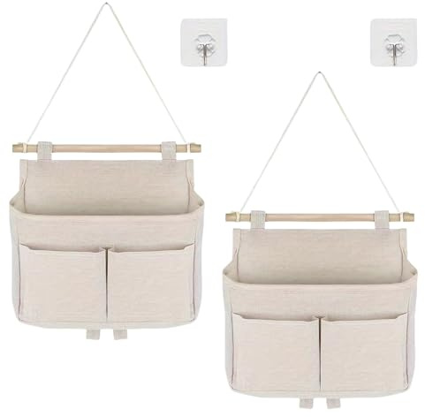 LUMOOM 2 unidades de almacenamiento colgante de alta capacidad, organizador de pared de tela de lino, práctico organizador para puerta con ganchos, ideal como organizador colgante para baño (beige)