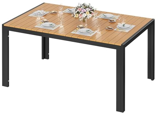 LIFERUN Wetterfest Gartentisch Groß, 140x90x75 cm Aluminium Terrassentisch mit WPC Tischplatte, Rechteckiger Esstisch Outdoor für 6 Personen, Stabiler Garten Terrasse o Balkon Tisch, Schwarz+Teak