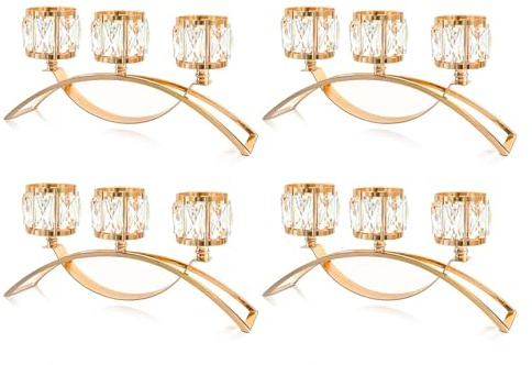Kolnlala 4 Pcs 3-Arm Crystal Tealight Candle Holders, Elegant Metal Arch Candlestick Centerpiece for Wedding, Party, Dining Room Table Decorations, Anniversary (4, Gold-3 Arm)