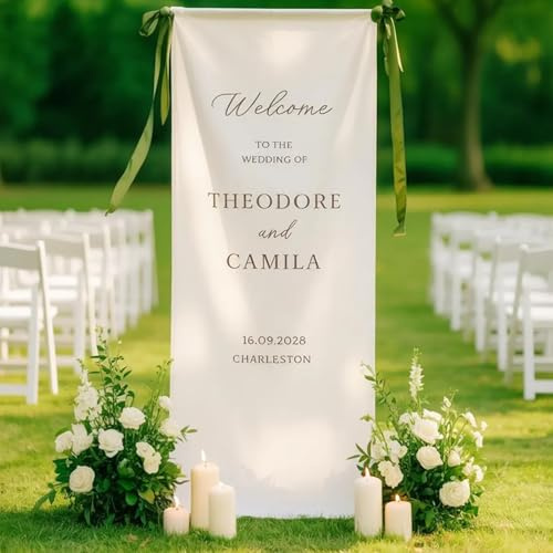 Banner de boda personalizada en lino | Panel de bienvenida de tela personalizado para ceremonia y recepción | Decoración de boda moderna y rústica bohemia (70 x 200 cm)