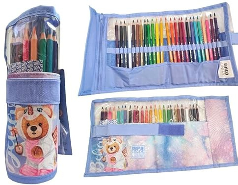 PRESTIGE & DELUXE Astuccio rotolo Pool Over Tinta Unità Orso orsetto Unicorno con 25 pastelli colorati per la scuola - chiusura strappo + portachiavi