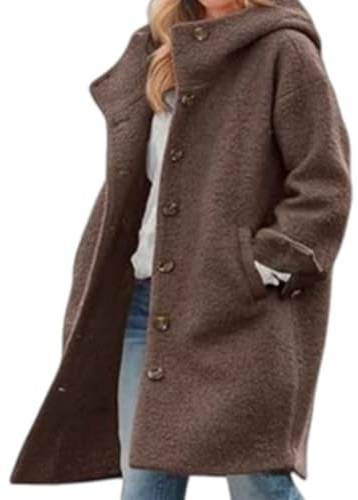 Abrigo de invierno para mujer, casual, de un solo botonadura, con capucha, mezcla de lana, abrigo elegante y cálido, marrón, S