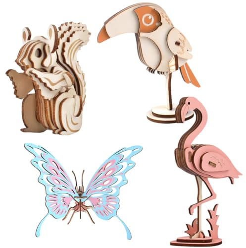 Lavoretti per Bambini, 4 Pezzi 3D Animali in Legno Lavoretti artigianato, Centrotavola, Legno DIY Decorazione Creativa da Costruire e Dipingere