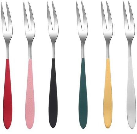 SHOWERORO Tenedores de Fruta de Acero Inoxidable 304 Set de 6 Piezas en Colores Surtidos Natural Dorado Rojo Plata Rosa Plata Tenedores Pequeños para Postres Tartas y Aperitivos en Cocina