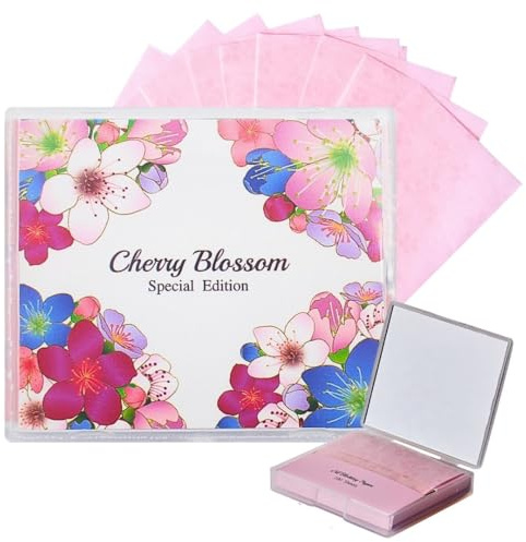 [100 Counts + Mirror Case] Cherry Blossom Natural Oil Blotting Paper for Face Korean with Mirror Case