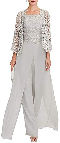 Snow Lotus - Abito lungo da donna in chiffon, con maniche a 3/4, composto da 3 pezzi, abito elegante da ballo, per mamma della sposa, Grigio argento, 46