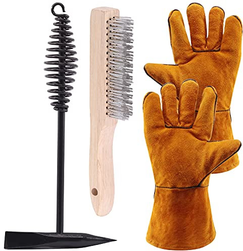 Glarks 4 martillos de astillado de 10 pulgadas con mango de resorte helicoidal y cepillo de alambre, par de guantes de soldadura para eliminar escoria y residuos