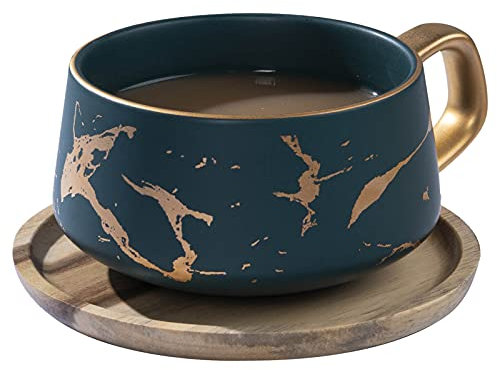 VETIN Cappuccino Tassen mit Unterteller, Tasse Marmor, 300 ml Espressotassen aus Porzellan für Tee Kaffee Cappuccino, Kaffee-Tassen mit Holzscheibe (Grün)