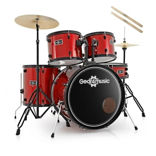 Red Acoustic Drum Kit BDK1 by Gear4music Full Size Complete Starter Drum Set with Stool and Sticks
