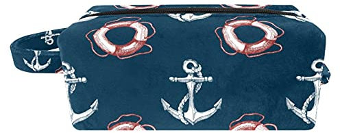White Ship Anchor Lifebuoy Navy Blue Women Cosmetic Bag Beauty Bag, Portable Hanging Travel Toiletry Bag, Soft Make Up Pouch Pencil Case for Kids