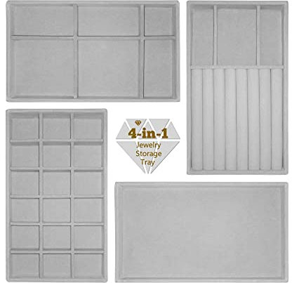 LucyStudio Jewellery Drawer Organiser 4-in-1 Stackable Gray Tray Velvet Stackable Storage Box Showcase Bangle Storage Jewellery Display Tray for Earring Ring Necklace Bracelet