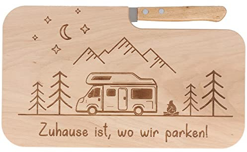 Spruchreif | Holz- Brotzeitbrett mit und Gravur „Zuhause ist, wo wir parken“ | Geschenkidee für Camper & Outdoor-Fans | Perfekt für Frühstück, Brotzeit & Camping-Touren