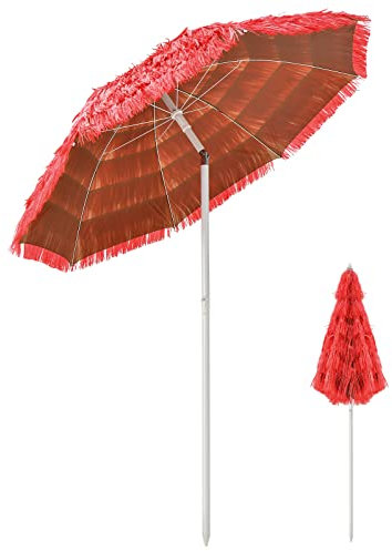 KOMFOTTEU Sonnenschirm Strand 200cm, Hawaiischirm Sonnenschutz, Bastschirm knickbar, Strohschirm mit Neuartiges Erscheinungsbild, Tiki Marktschirm für Garten, Balkon (Rot)