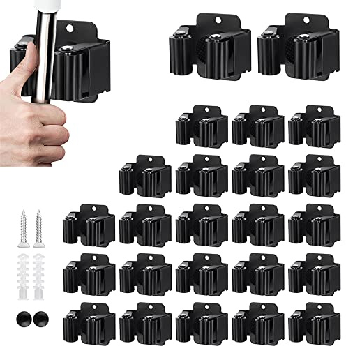 JAMEND CLXP 24PCS Broom and Mop Holder, Heavy Duty Garden Tool Organizer Rack Rake and Shovel Handle, Stainless Steel Mop Hanger. Wall Mounted with Screws.Matte Black