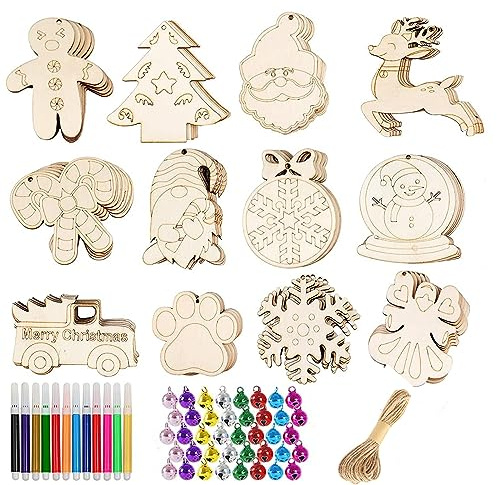 HBell Juego de 36 adornos de madera de Navidad con agujeros, rodajas sin terminar, cordel, campanas coloridas, bolígrafos de acuarela para niños, manualidades, decoración colgante