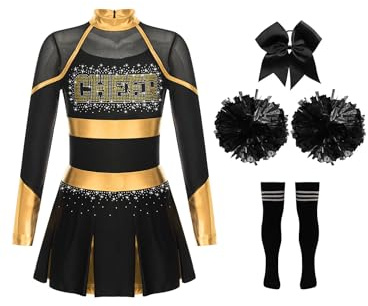HULIJA Kinder Mädchen Cheer Leader Kleid Langarm Cheerleading Uniform mit Pompoms + Socken + Kopfschmuck Cheer Outfits Set Karneval Cosplay A Gold & Schwarz 134-140