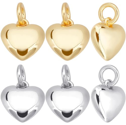 Beebeecraft 1 Box 10 Stück Gold und Silber Bunte Herz Charm 18K Gold und Platinplattiertes Messing 3D Liebe Glatte Charm für Valentinstag DIY Schmuck Herstellung
