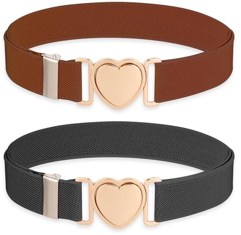 Molain 2 Pack Girls Belt for Waist Size 15-30, Kids Elastic Belt Heart-Shaped Metal Buckle Waist Belt for Girls, Elastic Stretch Belts for Kids Dress Pants Jeans(black+brown)