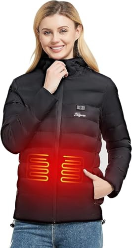 Telguua Giacca riscaldata con cappuccio da donna con batteria da 7,4 V 14400 mAh inclusa, gilet riscaldato leggero, gilet invernale e impermeabile antivento per equitazione bicicletta e moto, Nero , M