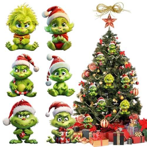 Plstod 6 adornos navideños para árbol, Grinch adornos navideños, acrílico 2D colgantes navideños, 2025 divertidos adornos para árbol de Navidad, G-rinch decoraciones navideñas para el hogar fiesta
