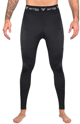 Mytra Fusion Compressione Leggins Uomo con Doppie Tasche Laterali Strato di Base Leggins Uomo Palestra - Calzamaglia Uomo per Esercizi di Allenamento Fitness (IT, Testo, XXL, Regular, Regular, Black)