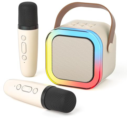 DRSYXCS Máquina de karaoke para niños y adultos, mini altavoz Bluetooth con 2 micrófonos inalámbricos, kit de juguetes de micrófono portátil con luz LED de fiesta y cambiador de voz para niños y niñas