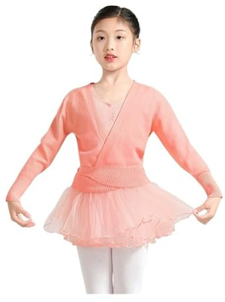 LYBQFZ Scaldacuore Danza Bambina Autunno Inverno Caldo Manica Lunga Cintura in Vita Maglione Bambino Ragazze Bambini Balletto Danza Avvolgente Top Incrociati(Shrimp Pink,110)