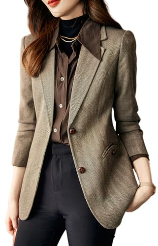 ebossy Chaqueta clásica de Mezcla de Lana Delgada con Solapa con Muescas para Mujer, Marrón, XS