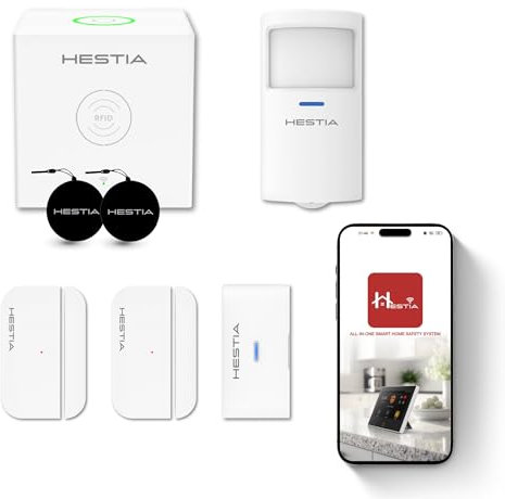 Hestia Wireless Home Security Alarm Kit with Windows Alarm, PIR Motion Sensor, Door Alarm Sensor and 2 Fobs, No Monthly Subscription Fee