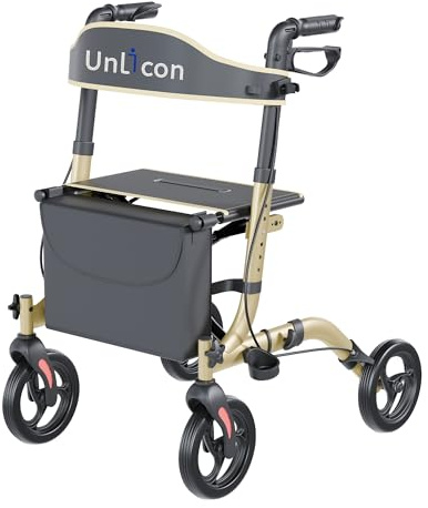 Rollator Walkers for Seniors Folding Rollator Walkers with Seat and Four 8 inch Wheels Medical Rollator Walker with Comfort Handles and Thick Backrest Aluminium Frame,Champagne