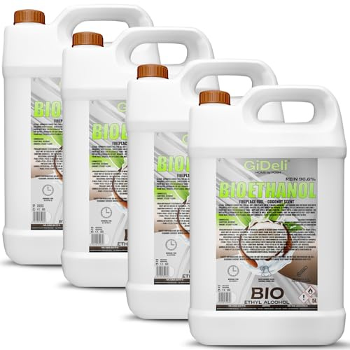GiDeli bioetanolo 4 x 5 l profumo di cocco 96,6% etanolo per caminetti interni ed esterni senza fumo e fuliggine - Da mais e barbabietole da zucchero