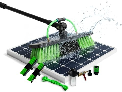 VanFlake Photovoltaik Reinigungsbürste 5,8 m – Teleskop Waschbürste mit Wasseranschluss & 4 Aufsätzen (2X Standard, 2X mit Abzieher & Schwamm) – ideal für PV-Anlagen, Fenster & Wintergärten