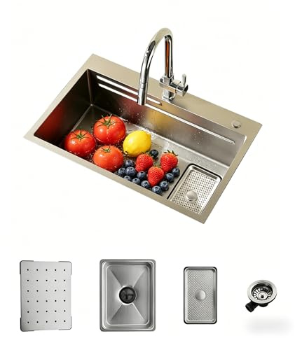 Fregadero Cocina Acero Inoxidable Plateado 70×45cm,Fregadero Cocina 1 Seno,2 Orificios para Grifo,Kit Completo con Canasta,Bandeja de descongelación,Cestade Desagüe,Sifón