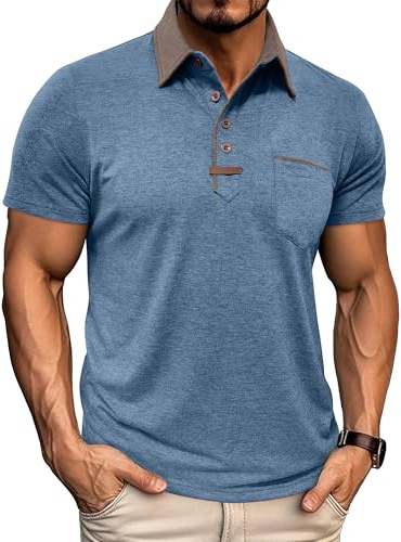 PRIVIMIX Men's Polo Shirts Short Sleeve with Pocket & Contrast Collar - Soft Casual T-Shirt for Work & Golf, Blue, 3XL