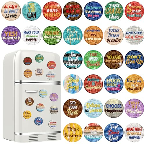 Motipuns 30 Pcs Magnetic Diamond Art Magnet Bulk Diamond Painting Kits Adult DIY Art Fridge Refrigerator Magnet for Beginners Gifts(Motivational,Light Wood)