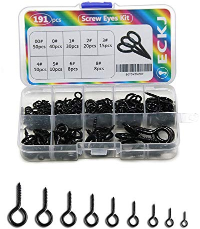 ECKJ 191pcs Screw Eyes Zinc Plated Metal Eye Hook Screw Self Tapping Screws Includes 9 Sizes Color Black