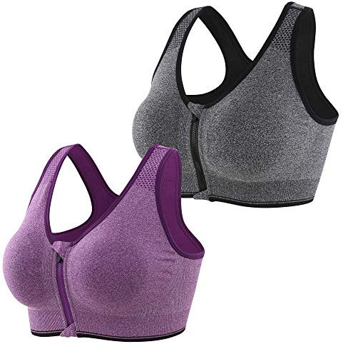 CLOUSPO Sports Bra Post Surgery Bra Zip Front Wireless with Removable Pads Yoga Bra for Workout Fitness(L,Grey+Purple)
