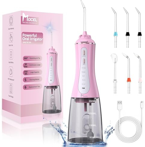 MOCEL Water Dental Flosser for Teeth - 350ML Large Tank 5 Modes & 6 Tips Cordless, Oral Irrigator Waterproof, Portable Teeth Cleaning and Flossing with Effective Plaque Remover for Adults (Pink)
