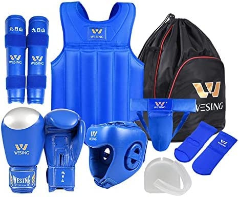 Wesing Martial Arts Protector Equipments Sanda Kickboxing kit 8pcs Gear Set for Men (S(4.92ft~5.25ft,105.6lb~114.4lb), Blue)