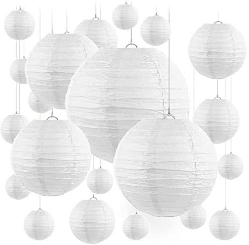 KOSHIFU 20 Stück Papierlaternen Weiß Lampions 15 cm 20 cm 25 cm 30 cm Runde Papierlampe Papier Lampenschirm für Hochzeit Geburtstag Feiern Garten Deko