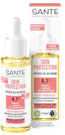 SANTE Naturkosmetik-serum med E-vitamin, squalan och ekologisk nypon olja, omedelbart närande vård för lugnande, regenererad hud och en mjuk hudkänsla, hudskydd intensivt serum, 30 ml