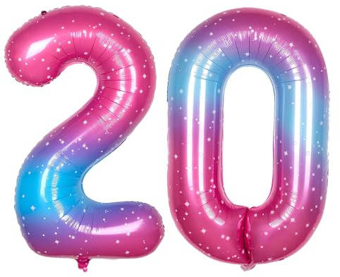 Ponmoo 40 inches Foil Balloons Numbers 20 Pink-Blue Gradient (101cm), Inflatable Helium or Air, Giant Balloon Number 0-9, 10-100, Grand Balloons for Anniversary Wedding Birthday Party Decoration