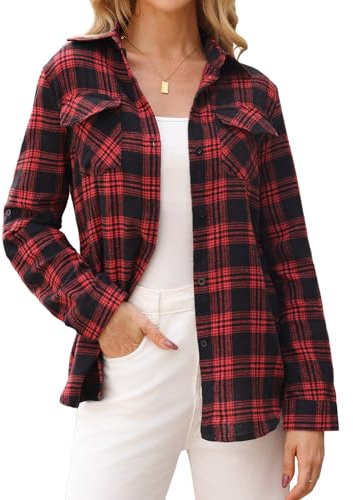 Totatuit Women Checked Top Casual Long Sleeve Button Down Flannel Ladies Plaid Blouse Shirt V Neck with Pocket