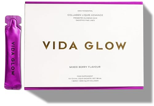 Vida Glow Collagen Liquid Advance, Double Dosage of Natural Marine Collagen & Added Antioxidant Complex to Address Skin Ageing, Ready-to-Consume Liquid Collagen, Delicious Mixed Berry Flavour.