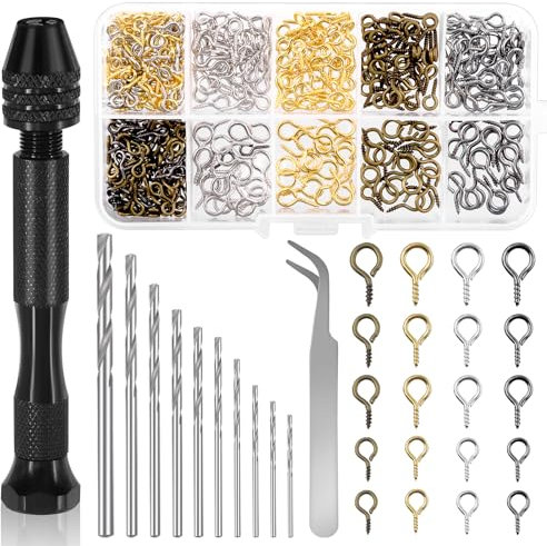 Tanstic 492Pcs Hand Drill Set, Pin Vise Hand Drill with Micro Mini Twist Drill Bits, Bent Tweezer and 480Pcs Screw Eye Pins for Resin DIY Jewelry Making Miniature Crafts