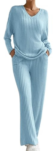 Combinaison en Tricot 2 pièces pour Femme - Tenue de Loisirs - Col en V - Pantalon côtelé à Manches Longues - Pull en Tricot + Pantalon Droit - Tenue de Maison Ample - Combinaison de Sport Douce