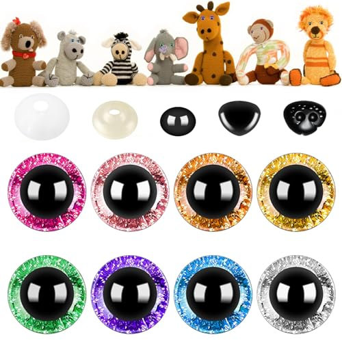 REJOECE 72 Stück 14mm Sicherheitsaugen für Häkeltiere 8 Farben Sicherheitsaugen für Amigurumi Augen Glitzernde Kunststoff-Sicherheitsaugen zum Häkeln für Puppe,Plüschtier,Teddyaugen