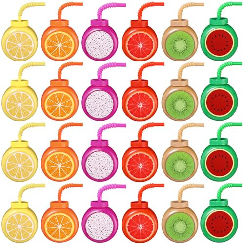 Mifoci 24 Set Summer Fruit Cups with Straws Lids 10oz Plastic Frutti Party Cups Tropical Kiwi Lemon Orange Grapefruit Watermelon Pitaya Pattern for Boys Girls Birthday Luau Party Favor Supplies